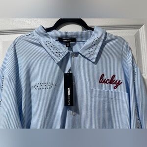 Fashion Nova Men’s Light Blue Striped Shirt with 'Lucky' Embroidery